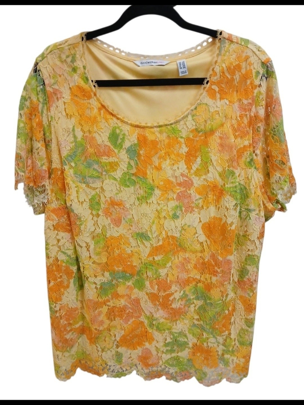 Isaac Mizrahi Live Yellow Floral Lace Short Sleeve Top 2XL #174